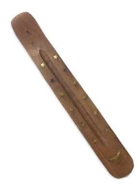 Vintage Wood Moon Stars Incense Stick Holder Brass Inlay Ash Catcher 10”